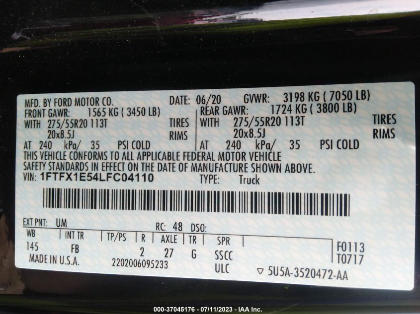 2020 FORD F-150 XL/XLT/LARIAT - 1FTFX1E54LFC04110