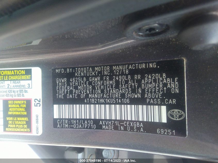 2019 TOYOTA CAMRY HYBRID - 4T1B21HK1KU514106