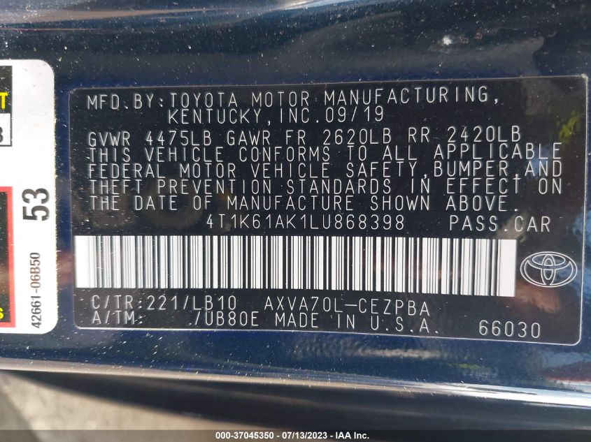2020 TOYOTA CAMRY XSE - 4T1K61AK1LU868398