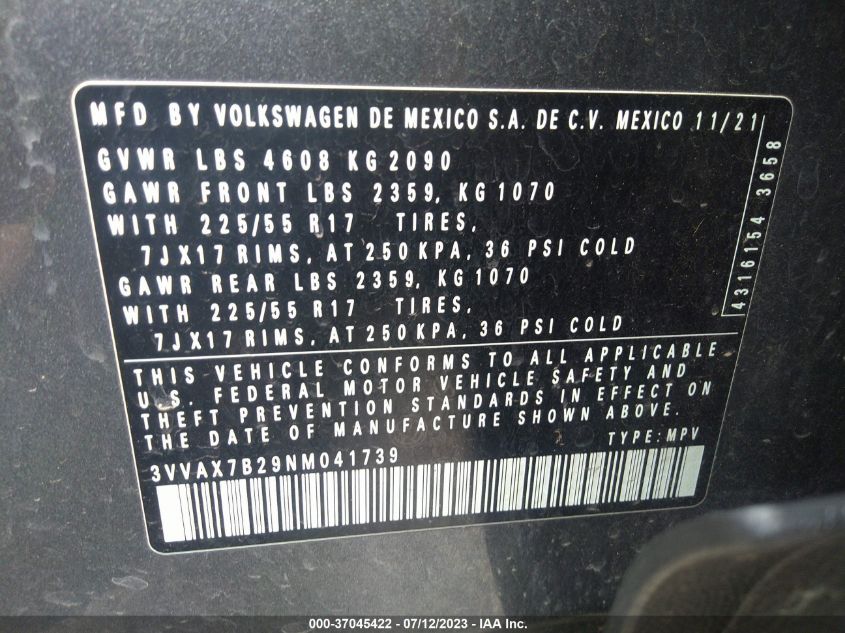 2022 VOLKSWAGEN TAOS S - 3VVAX7B29NM041739