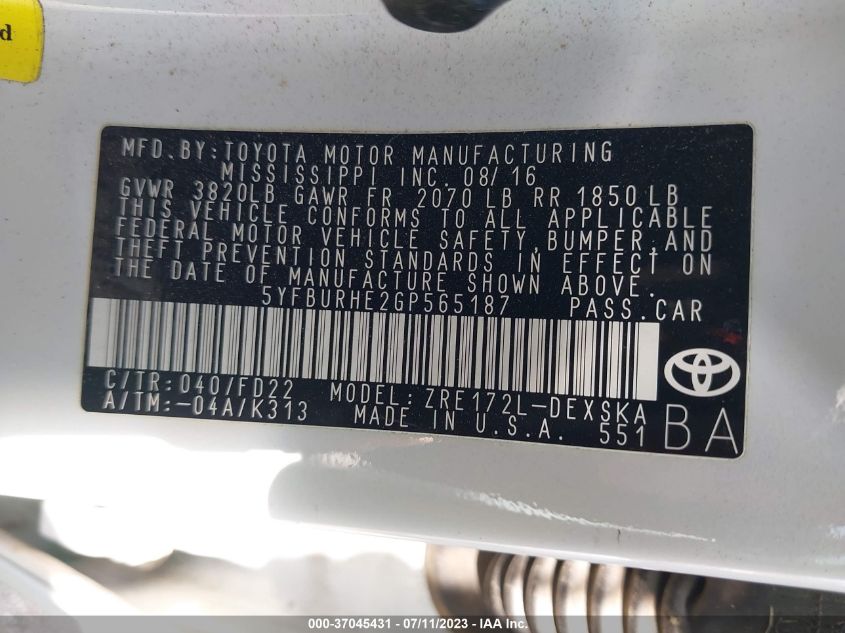 2016 TOYOTA COROLLA L/LE/S/S PLUS/LE PLUS - 5YFBURHE2GP565187