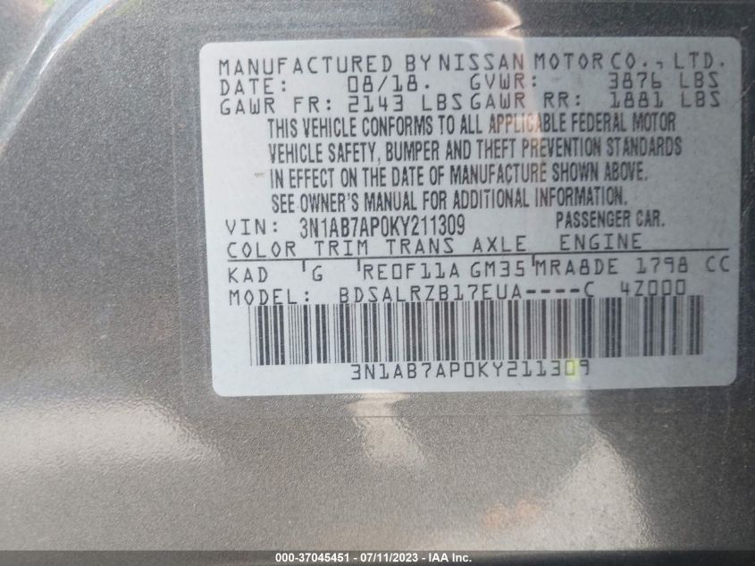 2019 NISSAN SENTRA SR - 3N1AB7AP0KY211309