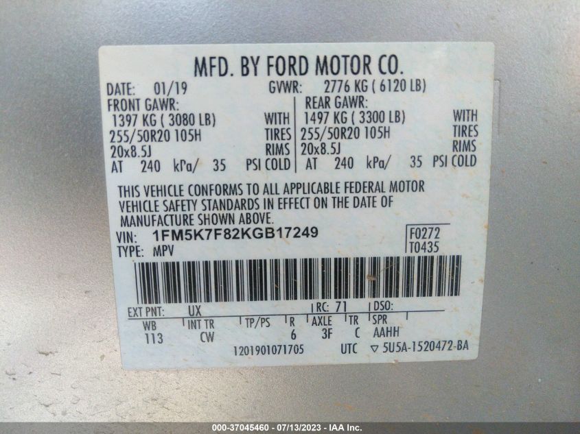 2019 FORD EXPLORER LIMITED - 1FM5K7F82KGB17249