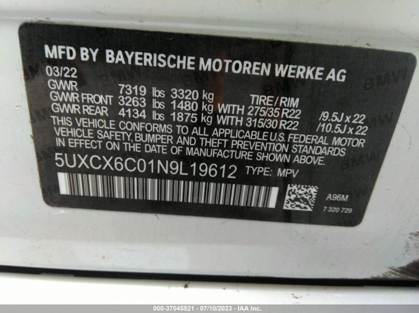 2022 BMW X7 M50I 5UXCX6C01N9L77431