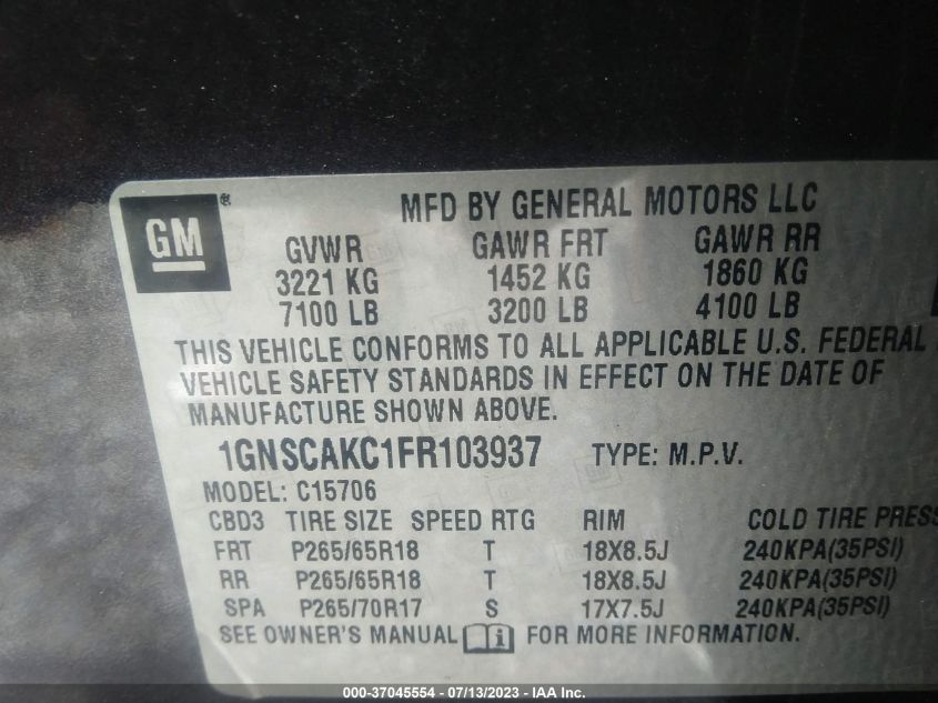 2015 CHEVROLET TAHOE LS - 1GNSCAKC1FR103937