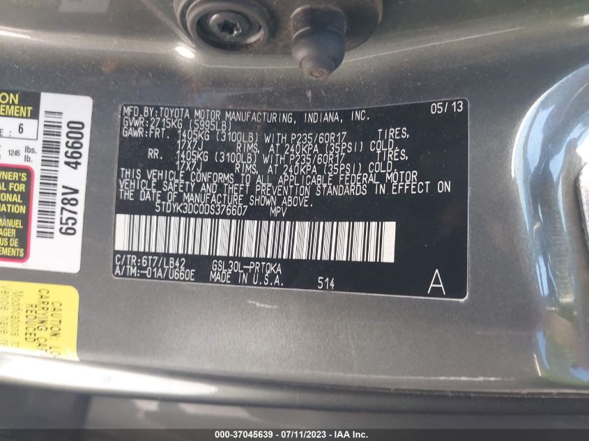 2013 TOYOTA SIENNA XLE/LIMITED - 5TDYK3DC0DF376607