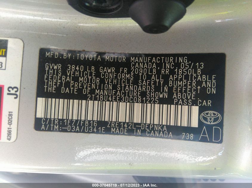 2013 TOYOTA COROLLA L/LE/S - 2T1BU4EE3DC081225