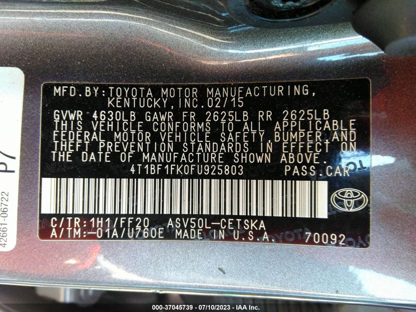 2015 TOYOTA CAMRY XLE/SE/LE/XSE - 4T1BF1FK0FU925803
