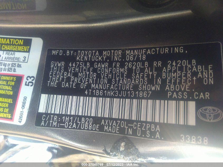 2018 TOYOTA CAMRY XSE - 4T1B61HK3JU131867