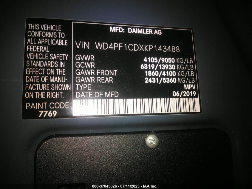 2019 MERCEDES-BENZ SPRINTER VAN WD4PF1CDXKP143488