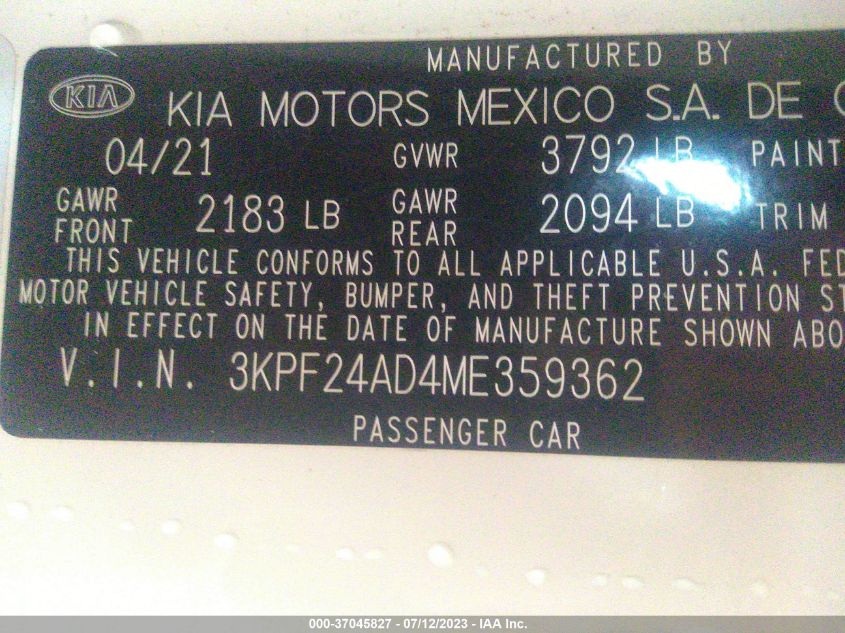 2021 KIA FORTE LXS - 3KPF24AD4ME359362