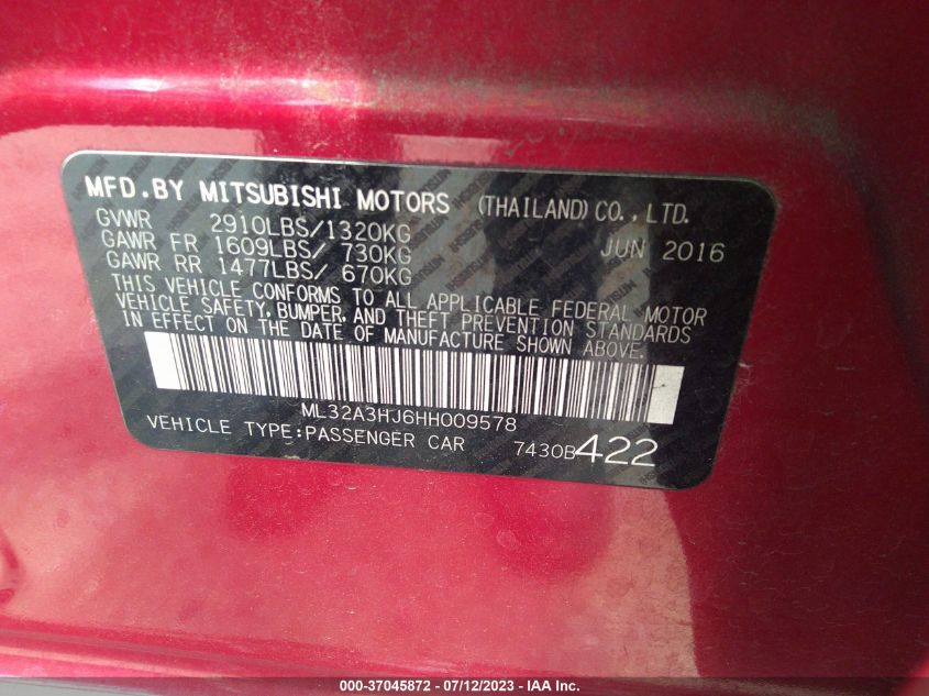2017 MITSUBISHI MIRAGE ES - ML32A3HJ6HH009578