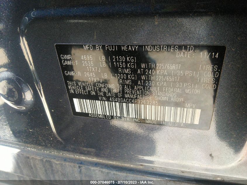 2015 SUBARU OUTBACK 2.5I PREMIUM - 4S4BSACC4F3263285