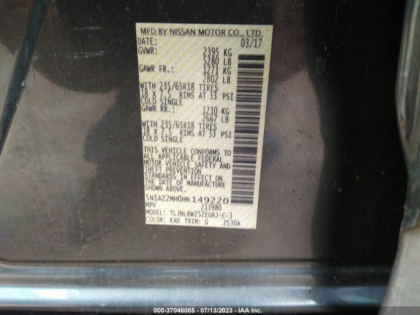 2017 NISSAN MURANO SL - 5N1AZ2MH0HN149220