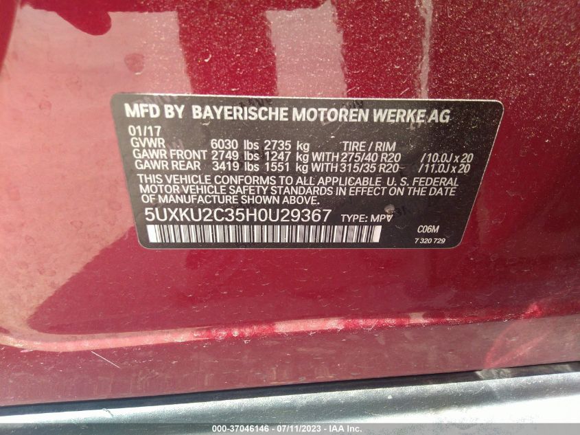 2017 BMW X6 XDRIVE35I - 5UXKU2C35H0U29367