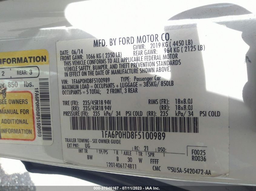 2015 FORD FUSION SE - 1FA6P0HD8F5100989