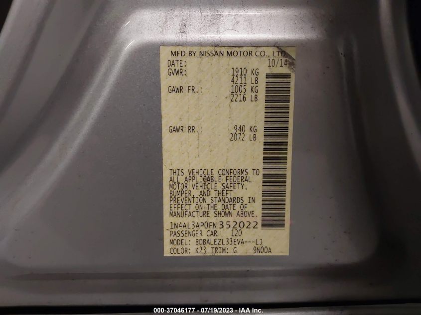 2015 NISSAN ALTIMA 2.5 S - 1N4AL3AP0FN352022