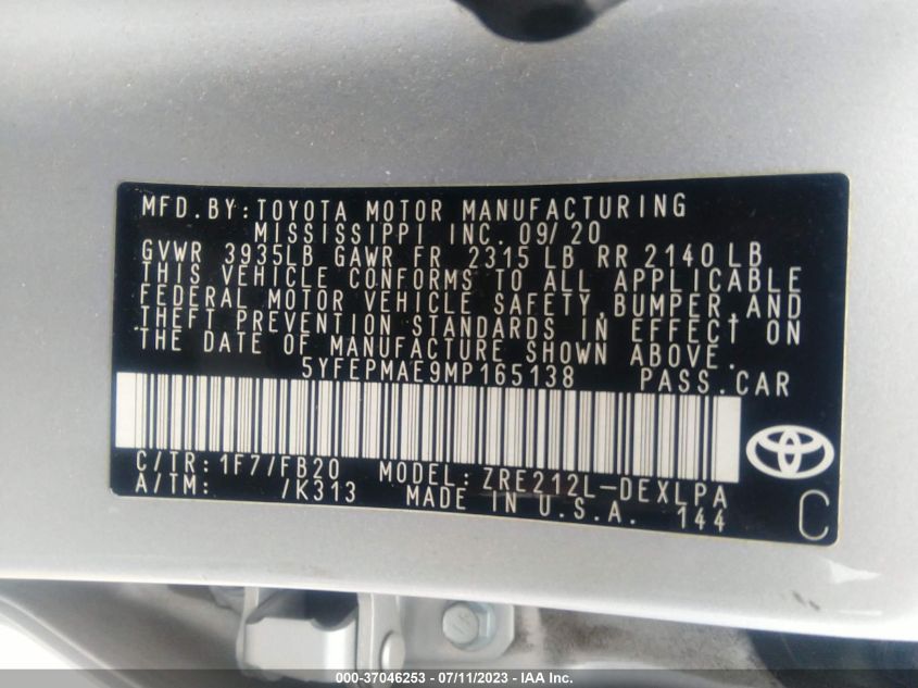2021 TOYOTA COROLLA LE - 5YFEPMAE9MP165138