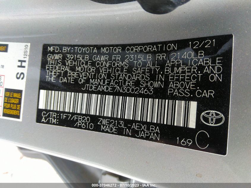 2022 TOYOTA COROLLA HYBRID LE - JTDEAMDE7N3002463