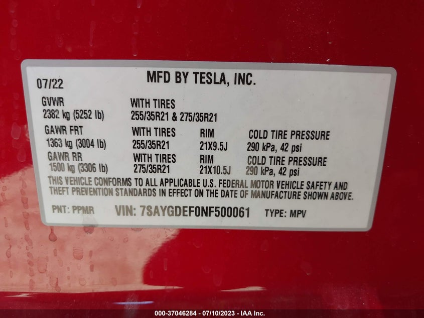 VIN 7SAYGDEF0NF500061 2022 TESLA MODEL Y