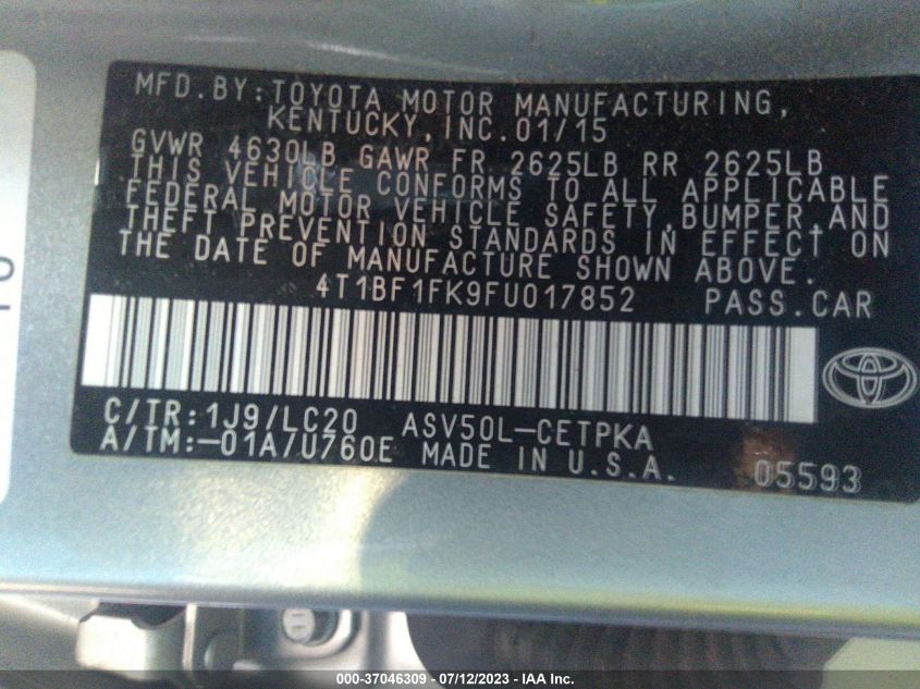 2015 TOYOTA CAMRY XLE/SE/LE/XSE - 4T1BF1FK9FU017852