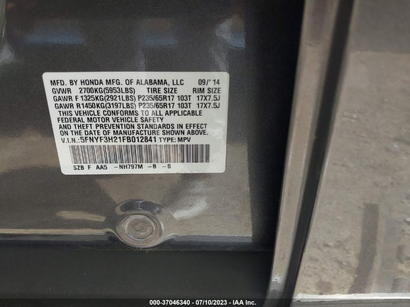 2015 HONDA PILOT LX - 5FNYF3H21FB012841