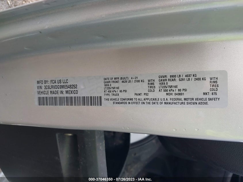 VIN 3C6LRVDG9ME548252 2021 RAM PROMASTER CARGO VAN