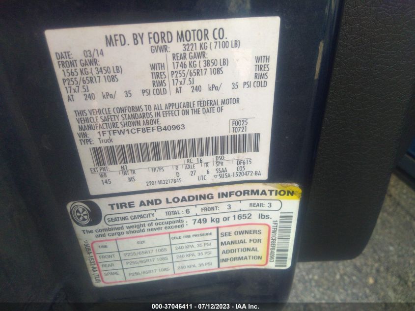 2014 FORD F-150 XL/STX/XLT/FX2/LARIAT - 1FTFW1CF8EFB40963