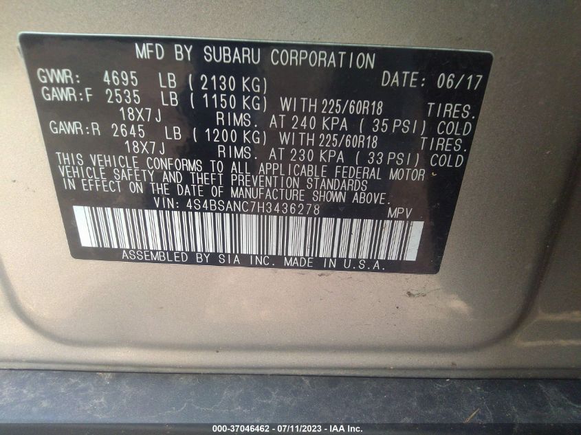 2017 SUBARU OUTBACK LIMITED - 4S4BSANC7H3436278