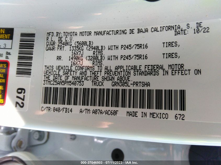 2023 TOYOTA TACOMA 4WD SR/SR5/TRD SPORT - 3TMCZ5AN5PM540753