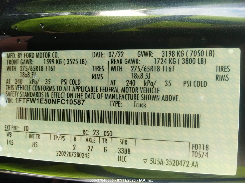 2022 FORD F-150 XL/XLT/LARIAT - 1FTFW1E50NFC10587