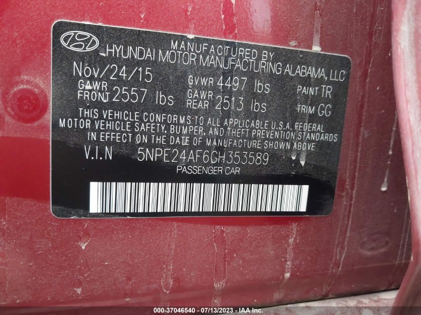 2016 HYUNDAI SONATA 2.4L SE - 5NPE24AF6GH353589