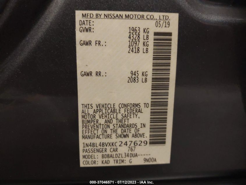 2019 NISSAN ALTIMA 2.5 S - 1N4BL4BVXKC247629