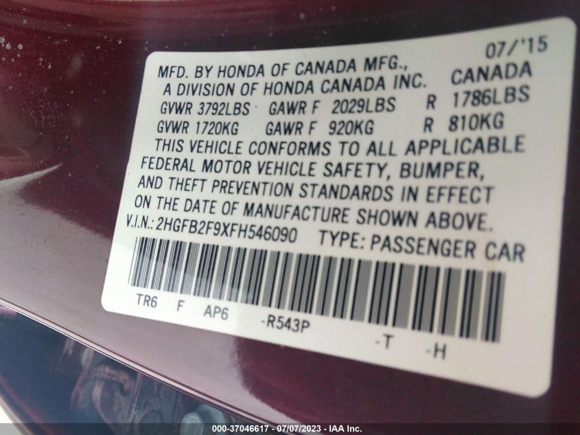 2015 HONDA CIVIC SEDAN EX-L - 2HGFB2F9XFH546090