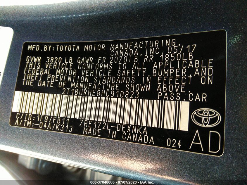 2017 TOYOTA COROLLA L/LE/XLE/SE - 2T1BURHE8HC910823