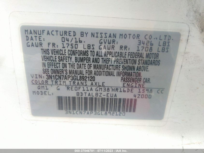 2016 NISSAN VERSA S/S PLUS/SV/SL - 3N1CN7AP3GL892120