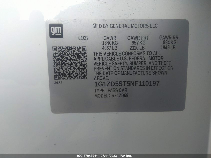 2022 CHEVROLET MALIBU LT - 1G1ZD5ST5NF110197
