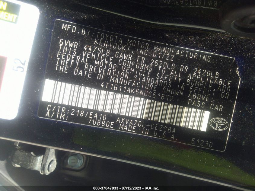 2022 TOYOTA CAMRY SE - 4T1G11AK6NU661612