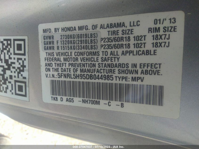 2013 HONDA ODYSSEY TOURING - 5FNRL5H95DB044985