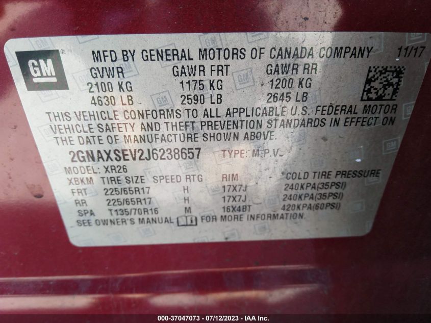 2018 CHEVROLET EQUINOX LT - 2GNAXSEV2J6238657
