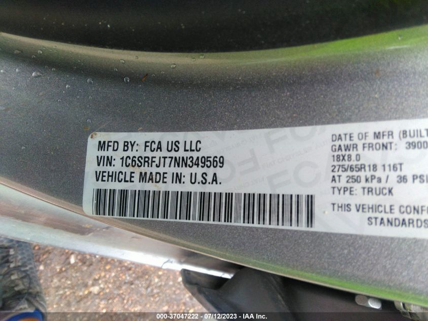 2022 RAM 1500 LARAMIE - 1C6SRFJT7NN349569