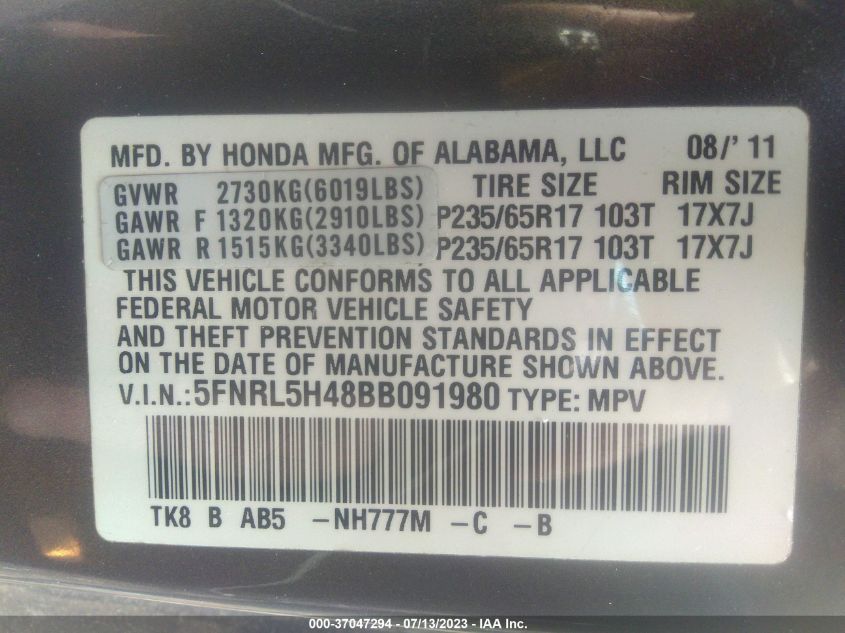 5FNRL5H48BB091980 2011 HONDA ODYSSEY, photo no. 9