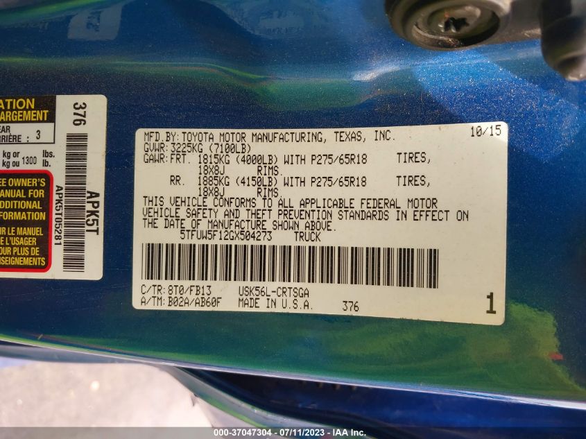 2016 TOYOTA TUNDRA 4WD TRUCK SR5 - 5TFUW5F12GX504273