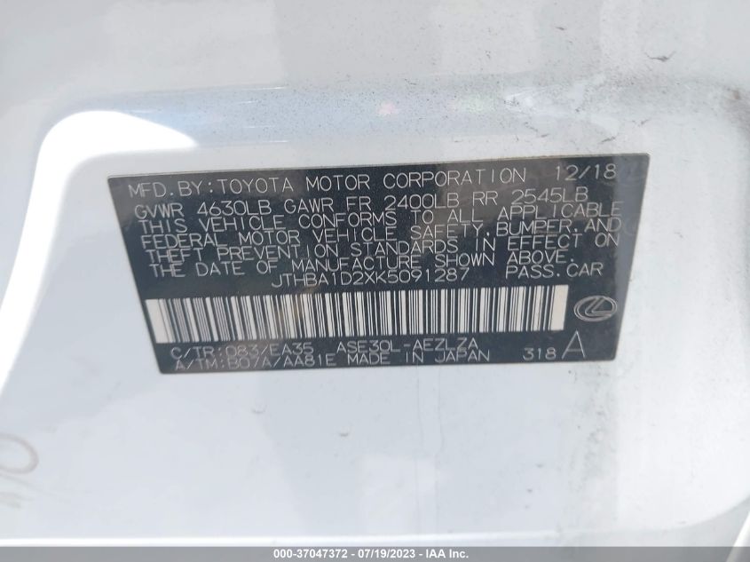 2019 LEXUS IS IS 300 - JTHBA1D2XK5091287
