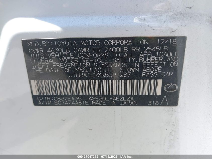 2019 LEXUS IS IS 300 - JTHBA1D2XK5091287