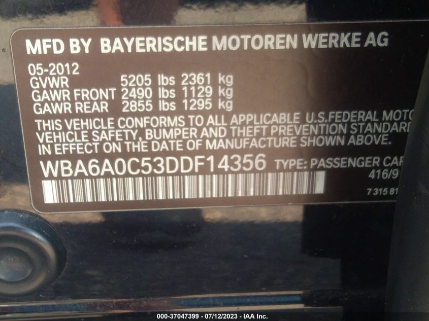 2013 BMW 6 SERIES 640I - WBA6A0C53DDF14356