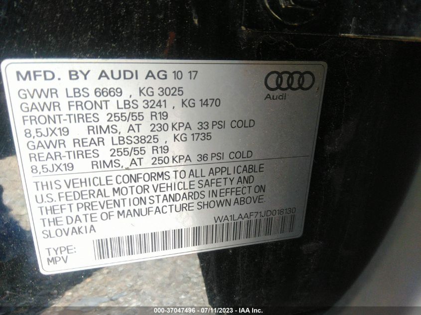 WA1LAAF71JD018130 2018 AUDI Q7, photo no. 9