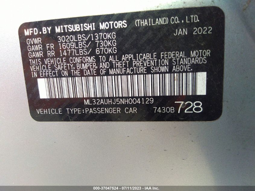 2022 MITSUBISHI MIRAGE ES/LE - ML32AUHJ5NH004129