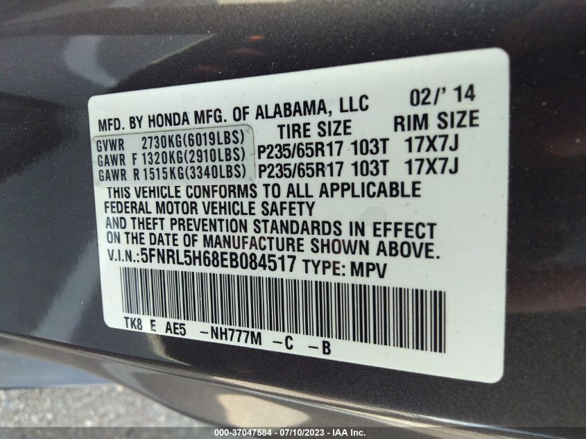 2014 HONDA ODYSSEY EX-L 5FNRL5H68EB084517