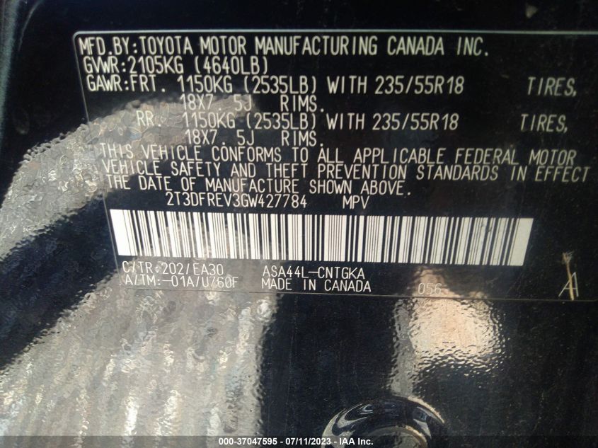 2016 TOYOTA RAV4 LIMITED - 2T3DFREV3GW427784